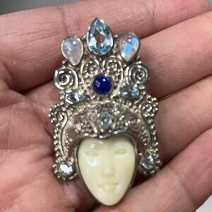 Sajen VTG Goddess Brooch Carved Stones Moonstone Headress Sterling Silver .925